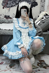 White/Blue Long Sleeves Multi-layer Cross Print Nun Style Ruffle Sweet Lolita Dress - Product - 8