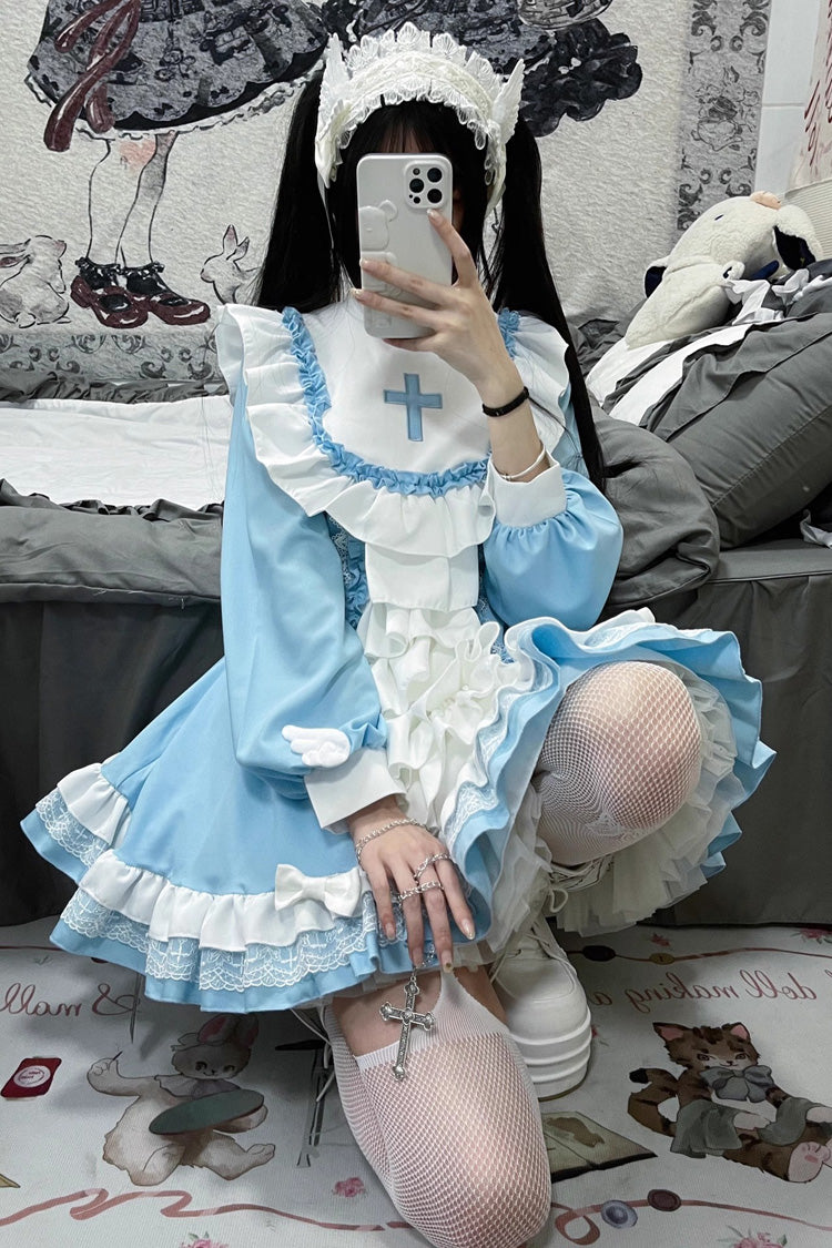 White/Blue Long Sleeves Multi-layer Cross Print Nun Style Ruffle Sweet Lolita Dress - Product - 8