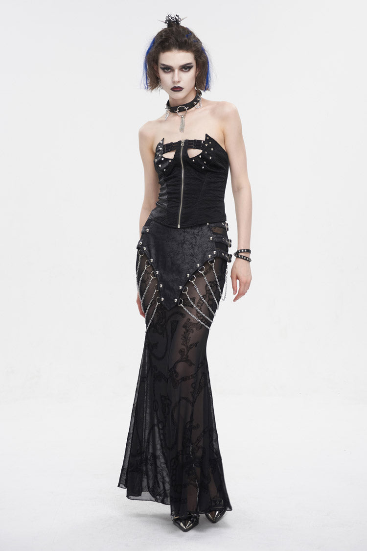 Black Mesh Splice Chain Fishtail Women's Gothic Skirt - Product - 5