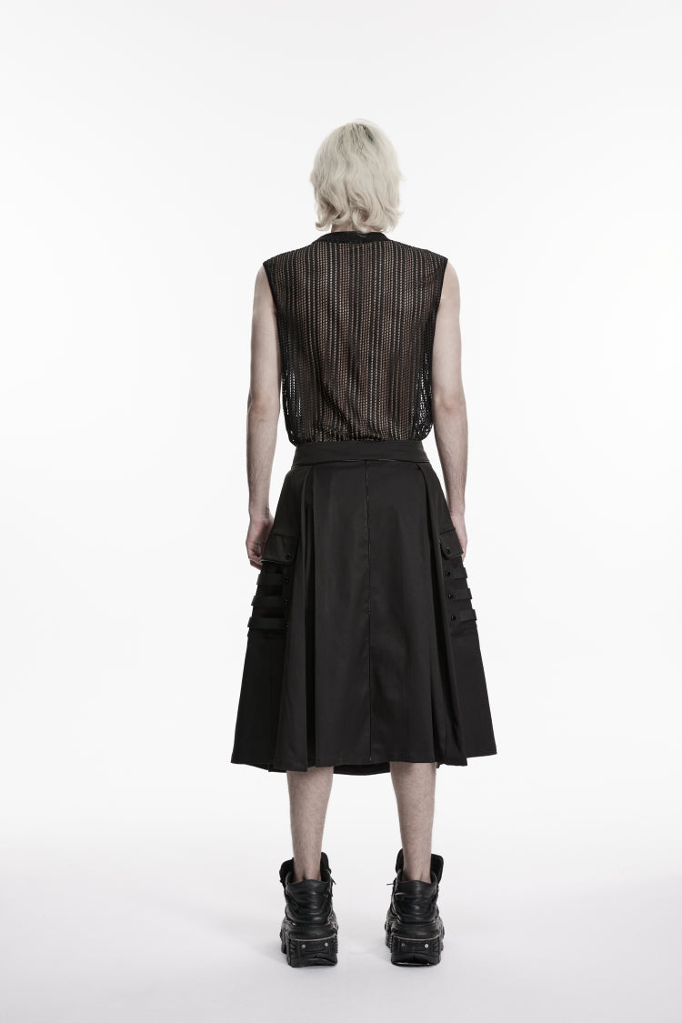 Black Studded Zippered  Big Pockets Pleated Men's Punk Skirt - Product - 4