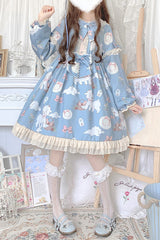 Doll Collar Lantern Sleeves Cute Sheep Print Sweet Lolita OP Dress - Blue - 1
