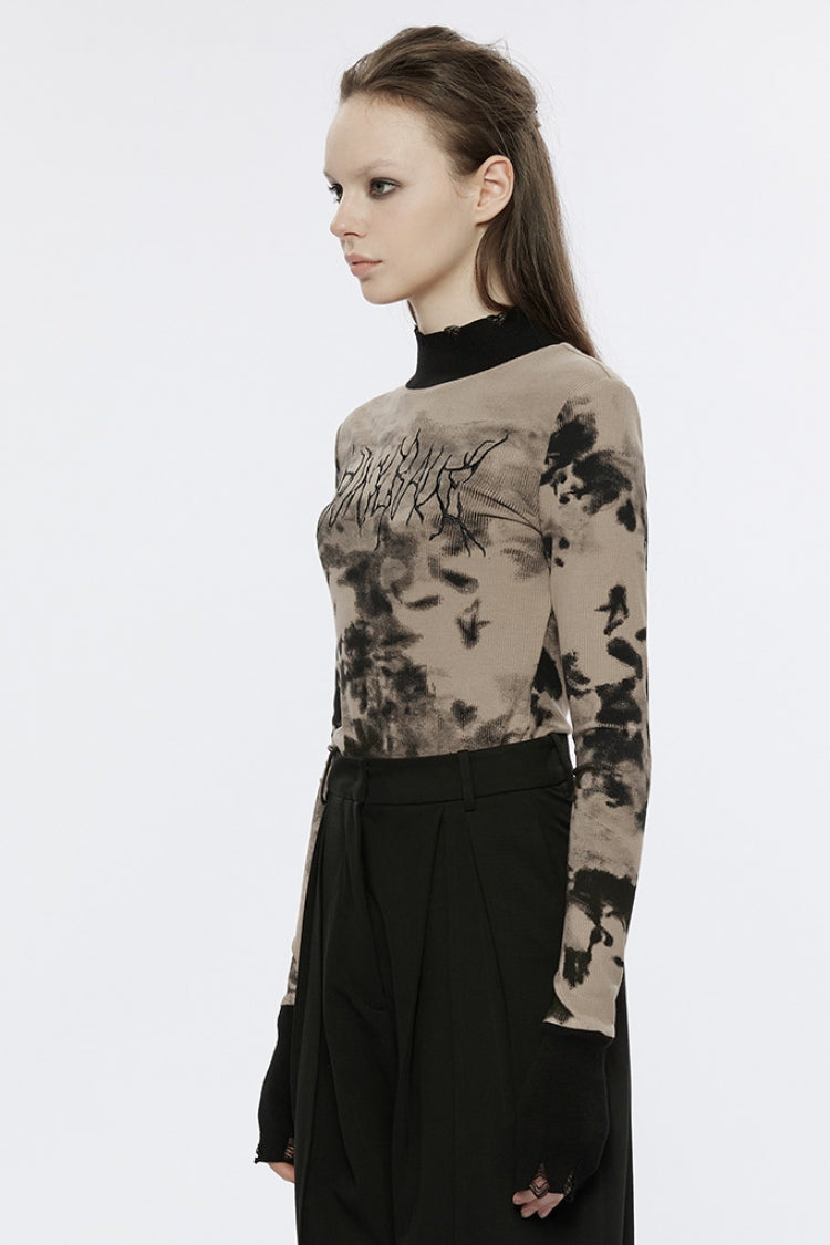High Collar Long Sleeves Font Embroidery Slim Women's Punk T-Shirt 2 Colors - Product - 2