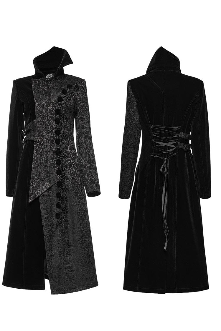 Black Stand Collar Jacquard Print Stitching Womens Gothic Coat - Product - 5
