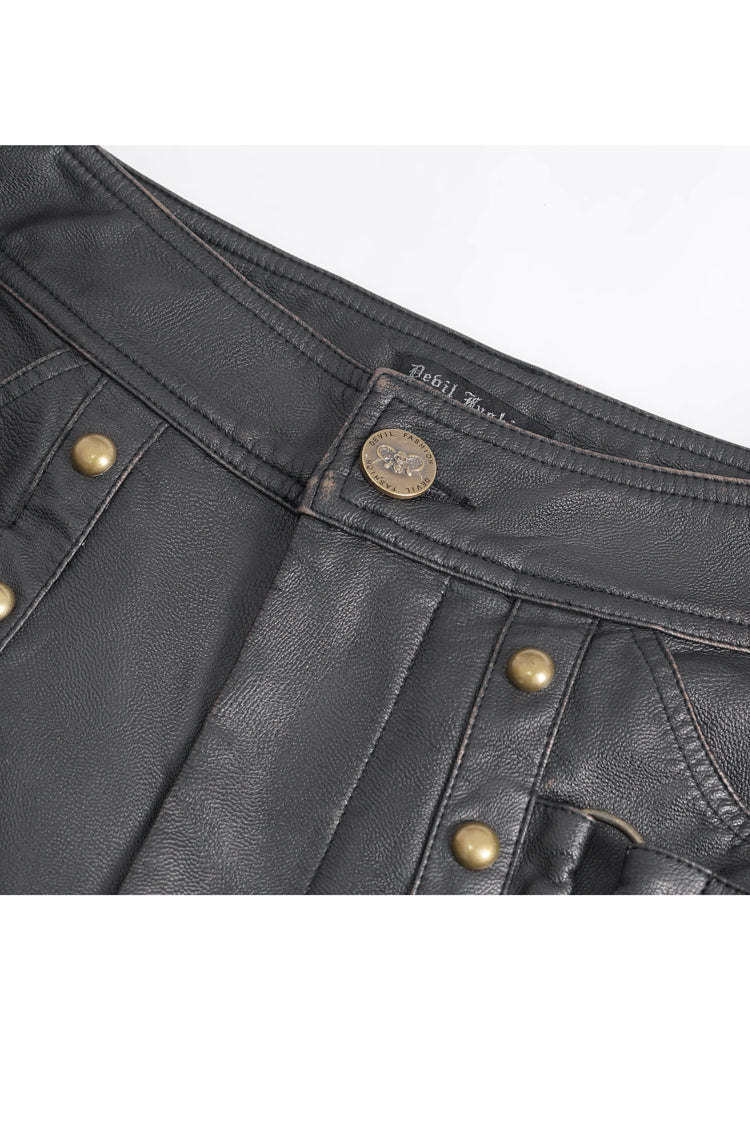 Black Big Pocket Bronze Studded Faux Leather Men's Gothic Pants - Product - 9