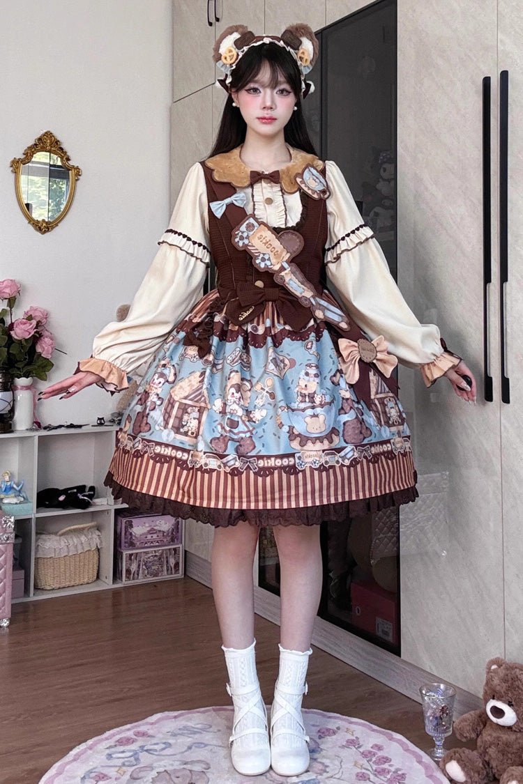 [Bear Cookies] Print Ruffle Bowknot Sweet Lolita JSK Dress 2 Colors - Brown/Green - 1