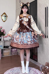 [Bear Cookies] Print Ruffle Bowknot Sweet Lolita JSK Dress 2 Colors - Brown/Green - 1