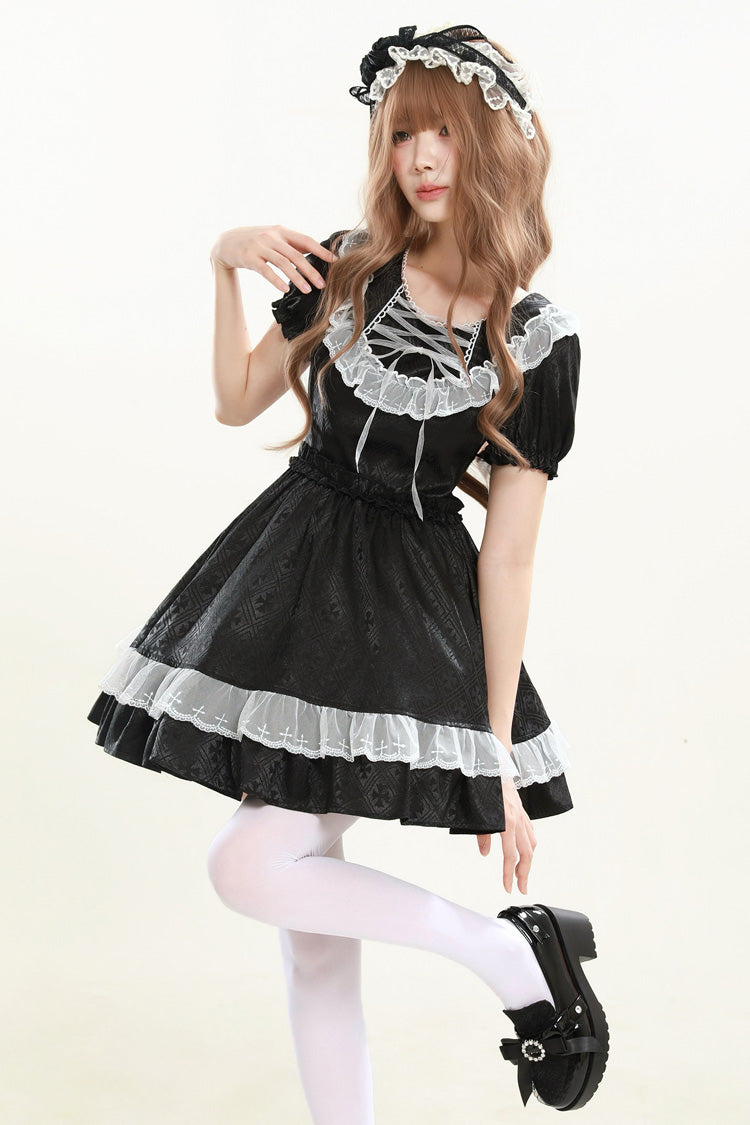 Black [Night Alley Angel] Lapel Collar Short Sleeves Jacquard Ruffled Lace Gothic Lolita Dress - Product - 8