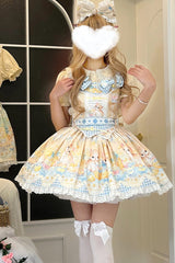 Yellow [Pineapple Cat] Print Sleeveless Bowknot Lace Sweet Lolita Strap Dress - Product - 4
