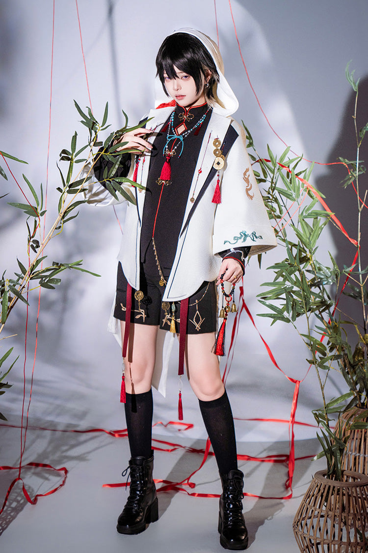 Black/White [Mountain Spirit] Long Sleeves Embroidered Hooded Classic Chinese Inspired Ouji Lolita Shorts Set - Product - 8