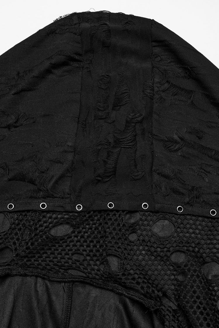 Black Long Sleeves Stitching Hooded Mesh Ripped Women's Gothic Coat - Product - 5