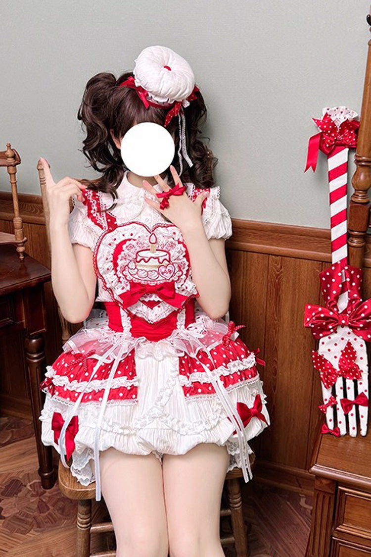 Red/White [Twin Bears] Birthday Cake Sleeveless Print Ruffle Bowknot Lace Sweet Lolita Small Flower Bud Dress - Product - 6