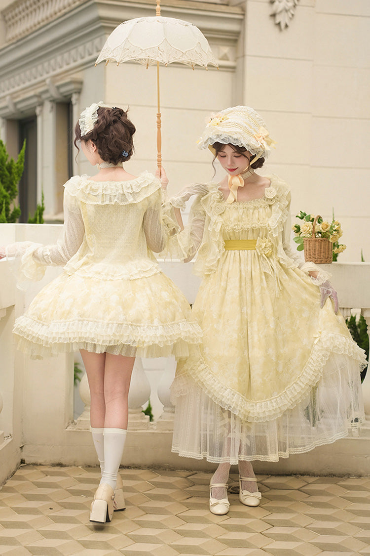 Yellow [Falling Flowers as a Message] Square Collar Short Sleeves Print Ruffle Lace Sweet Elegant Lolita Long Dress - Product - 13