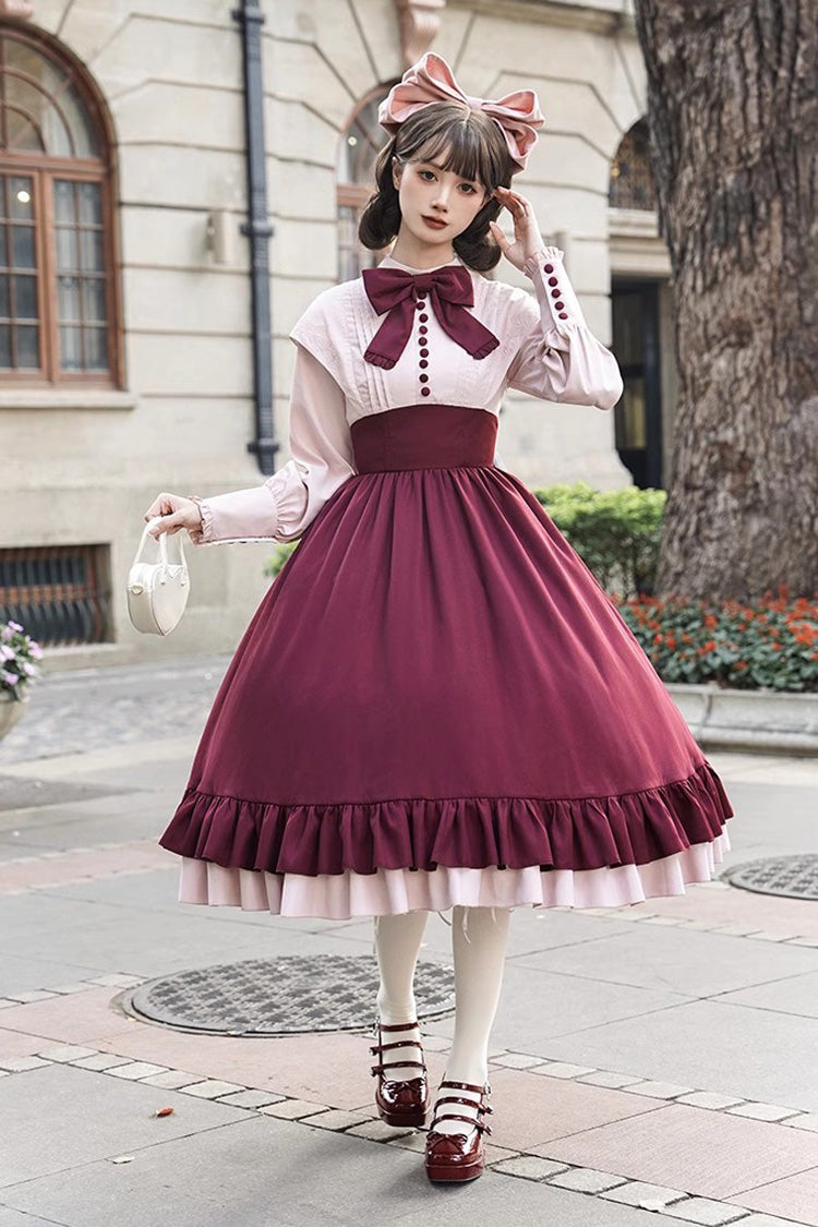 Rose Embroidery Long Sleeves Ruffle Bowknot Fake Two Pieces Elegant Lolita Dress 2 Colors - Red/Purple - 11