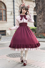 Rose Embroidery Long Sleeves Ruffle Bowknot Fake Two Pieces Elegant Lolita Dress 2 Colors - Red/Purple - 11