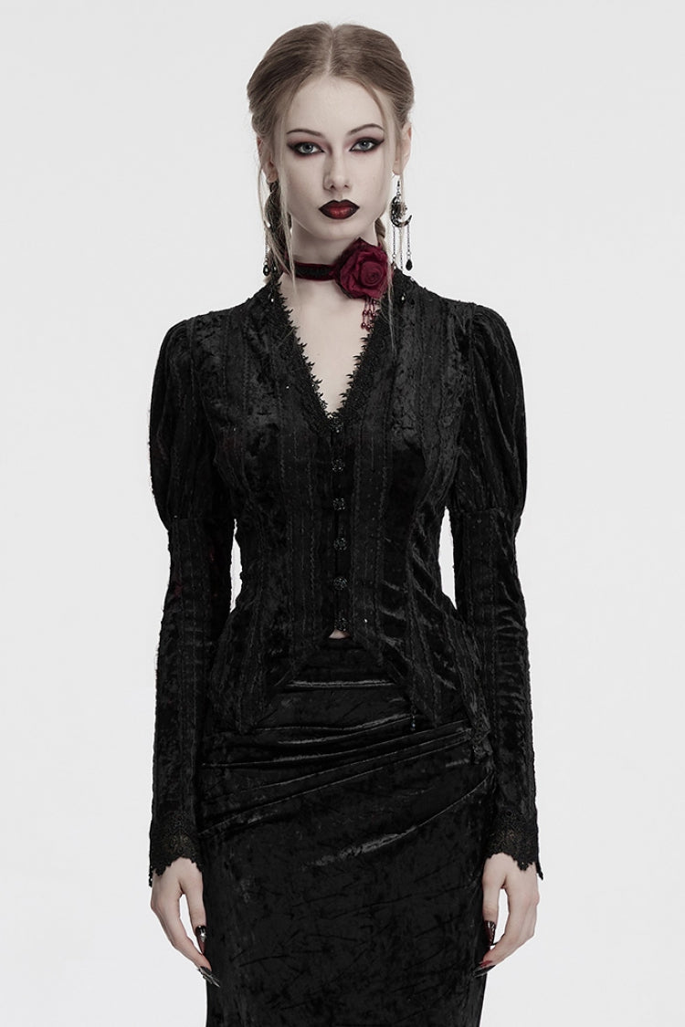 Black V Collar Long Puff Sleeves Women's Gothic Blouse - Black - 1