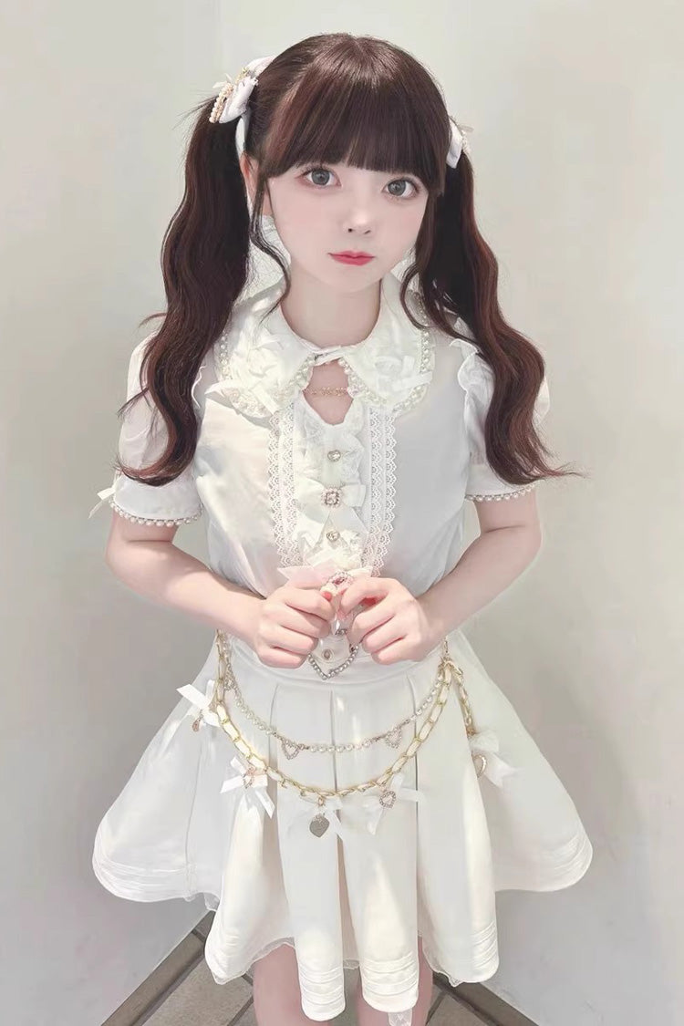 Sweet Heart Belt Printed Ruffled Bow Pearl-Decorated Chain-Decorated Plus Size Pleated Jirai Kei Skirt - Product - 8