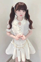 Sweet Heart Belt Printed Ruffled Bow Pearl-Decorated Chain-Decorated Plus Size Pleated Jirai Kei Skirt - Product - 8