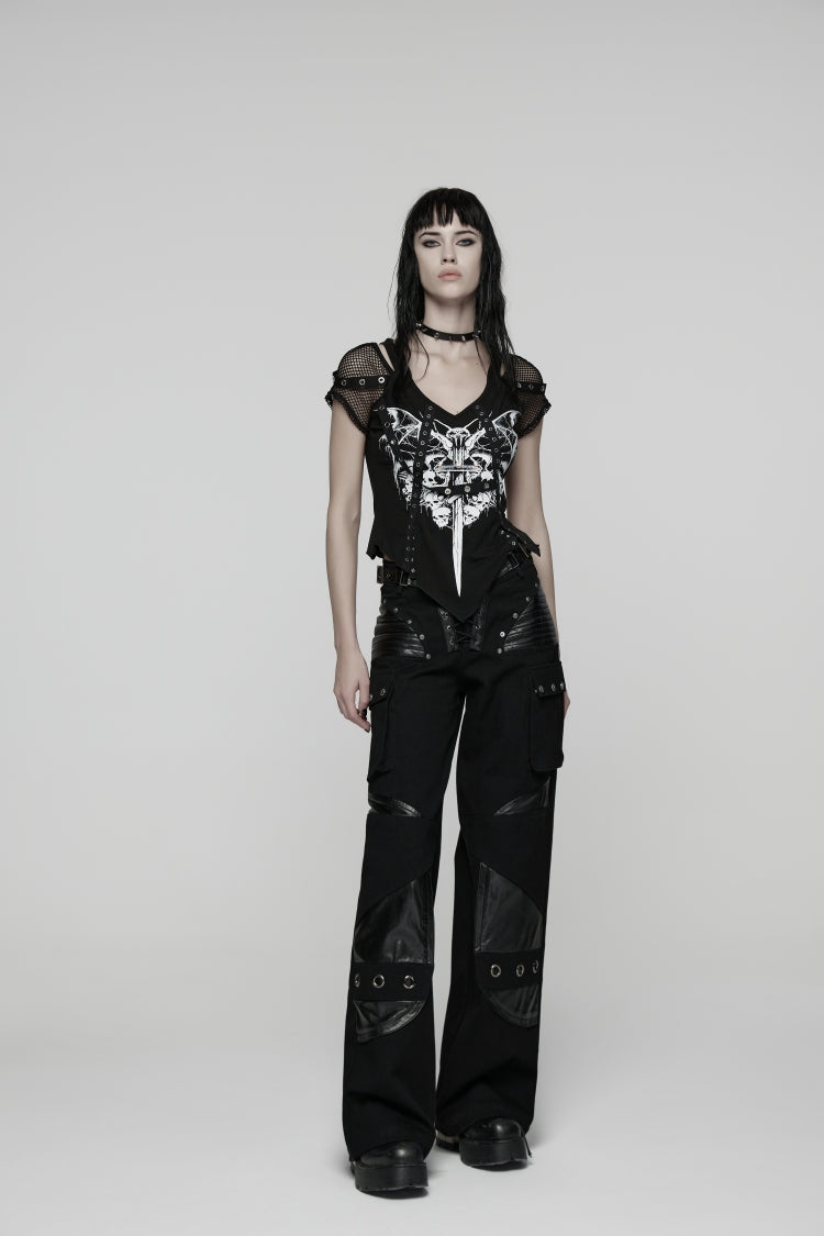 Black Lace Lace-Up Buckled Women's Big Pocket Punk Pants - Product - 3
