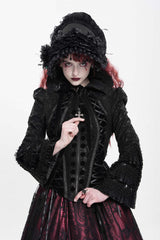 Black Lapel Collar Long Trumpet Sleeves Ruffle Lace-Up Zipper Women's Gothic Jacket - Product - 4