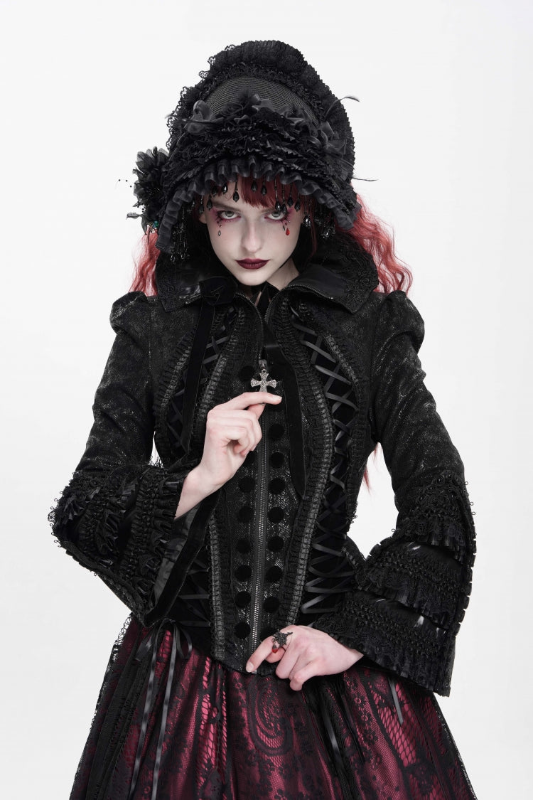 Black Lapel Collar Long Trumpet Sleeves Ruffle Lace-Up Zipper Women's Gothic Jacket - Product - 4