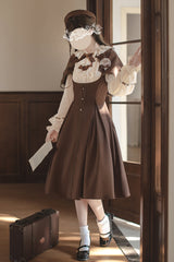 Brown/White [Sunset Academy] Long Sleeves Ruffle Bowknot Fake Two Pieces Vintage College Style Elegant Lolita Dress - Product - 7