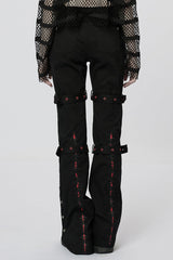 Black/Red Embroidery Buckles Women's Steampunk Flared Pants - Product - 3