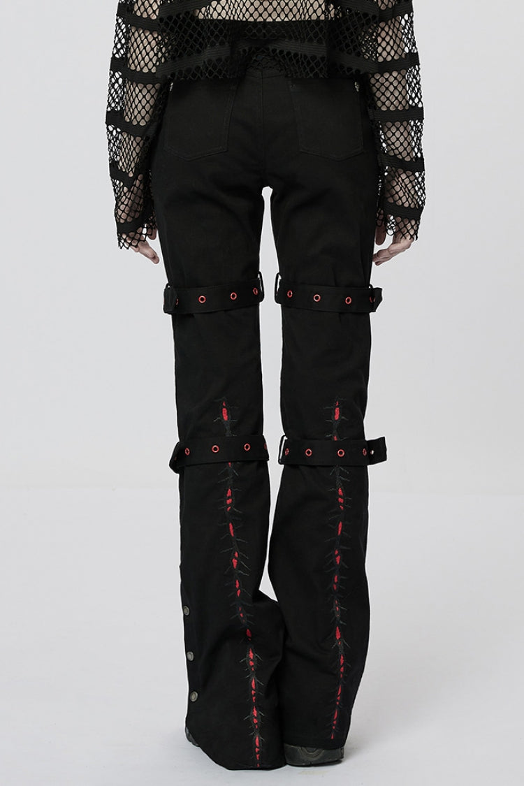 Black/Red Embroidery Buckles Women's Steampunk Flared Pants - Product - 3