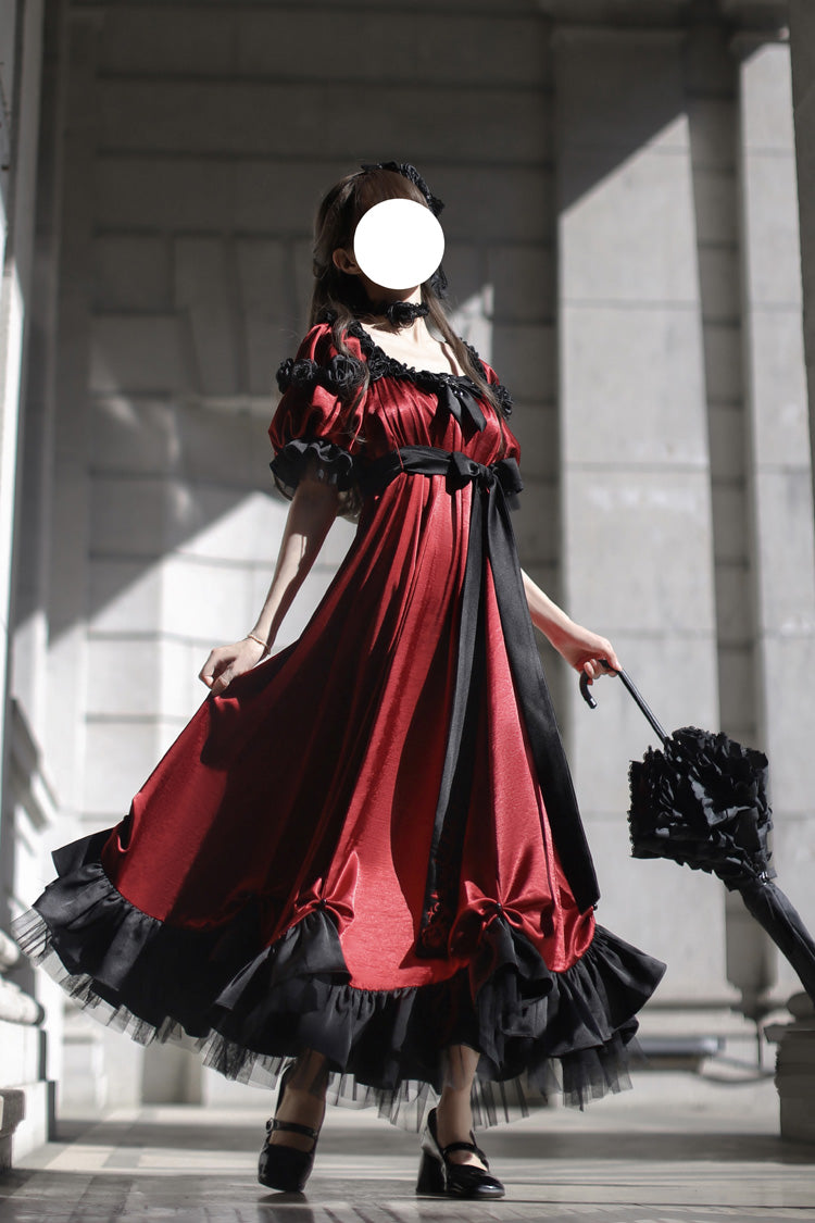 Red Square Collar Short Sleeves Ruffle Bowknot Sweet Regency-Style Vintage Lolita Dress - Product - 10