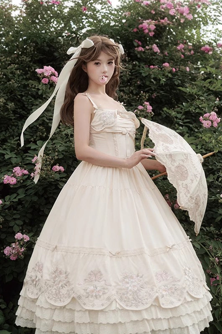 Apricot [Fantasy Butterfly] Triple-Layered Ruffle Embroidery Bowknot Lace Sweet Princess Lolita Jsk Dress - Product - 9