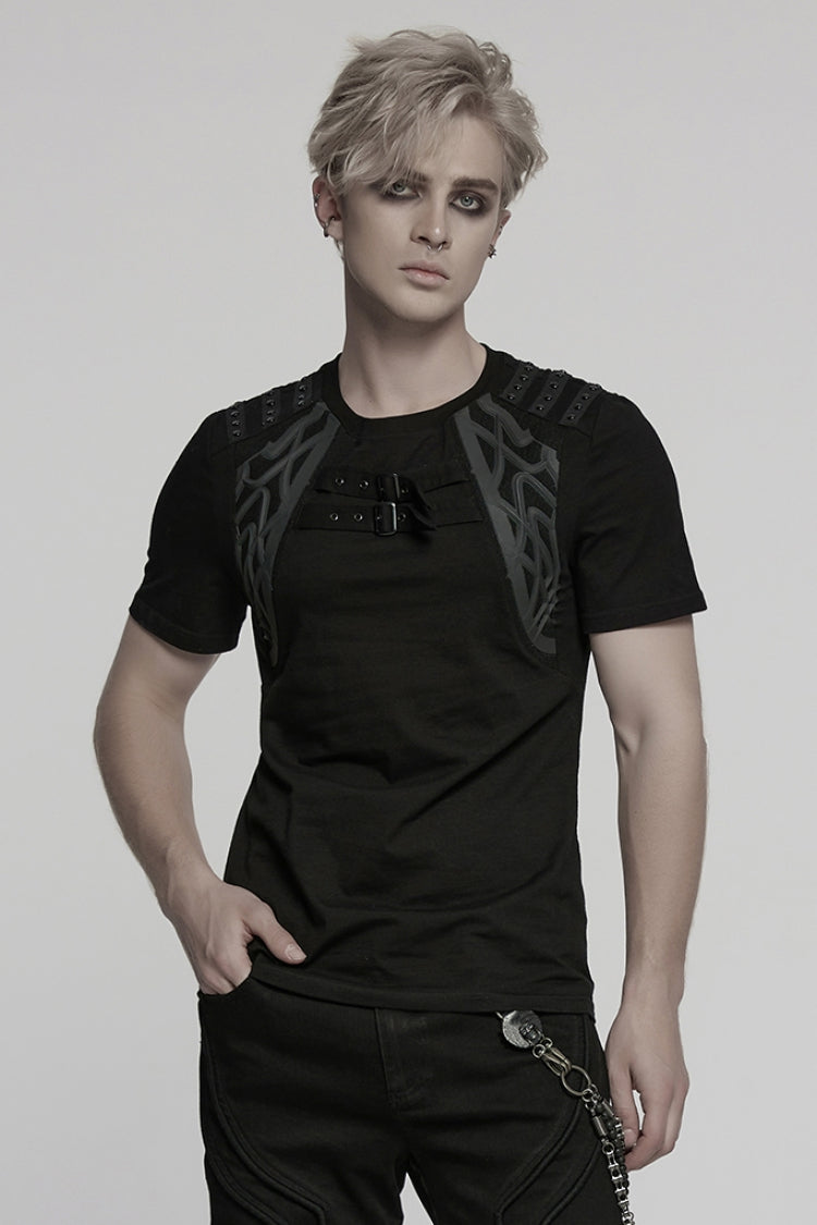 Black Round Collar Short Sleeves Studded Buckle Strap Men's Punk T-Shirt - Product - 2