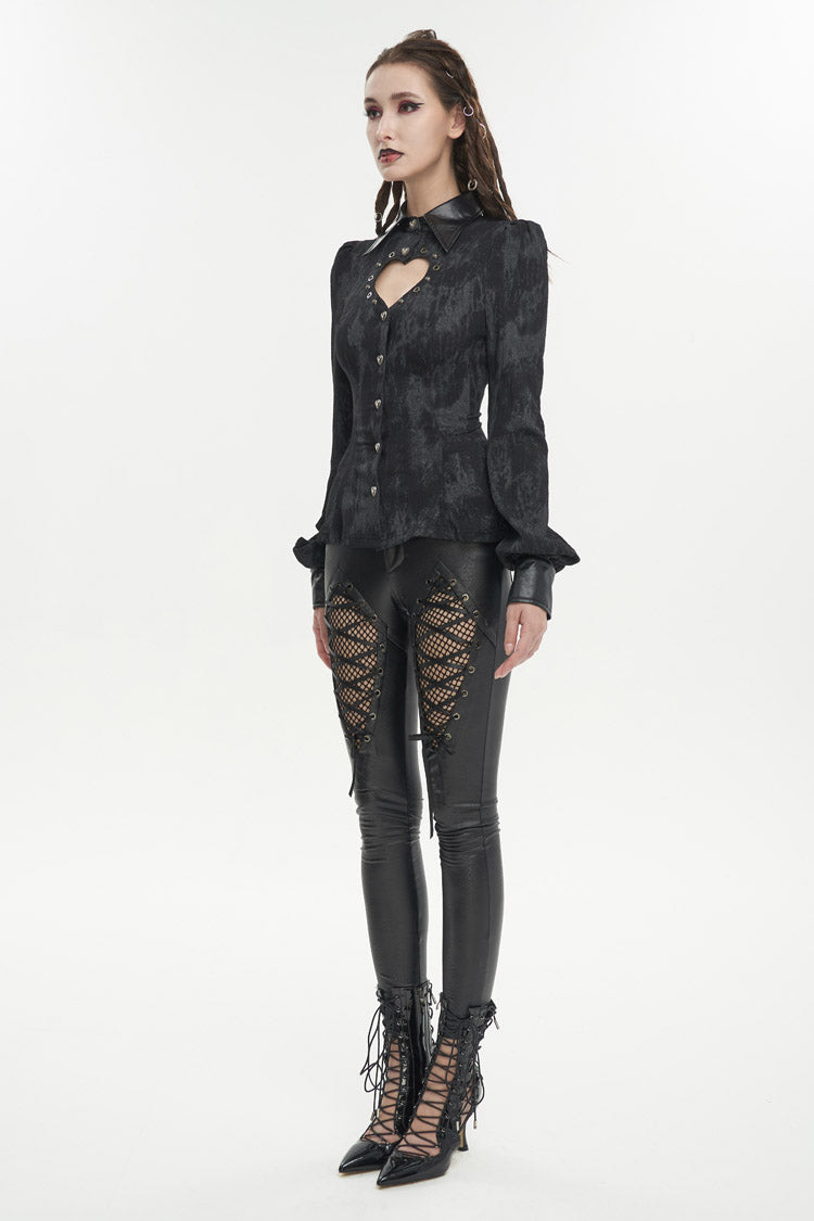 Black Leather lapel Heart Cutout Puff Sleeved Women's Gothic Shirt - Product - 3