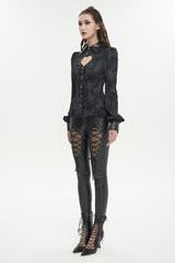 Black Leather lapel Heart Cutout Puff Sleeved Women's Gothic Shirt - Product - 3