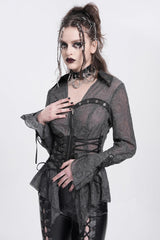 Black Long Sleeves Embroidery Lace-Up Irregular Sheer Women's Gothic Blouse - Product - 3