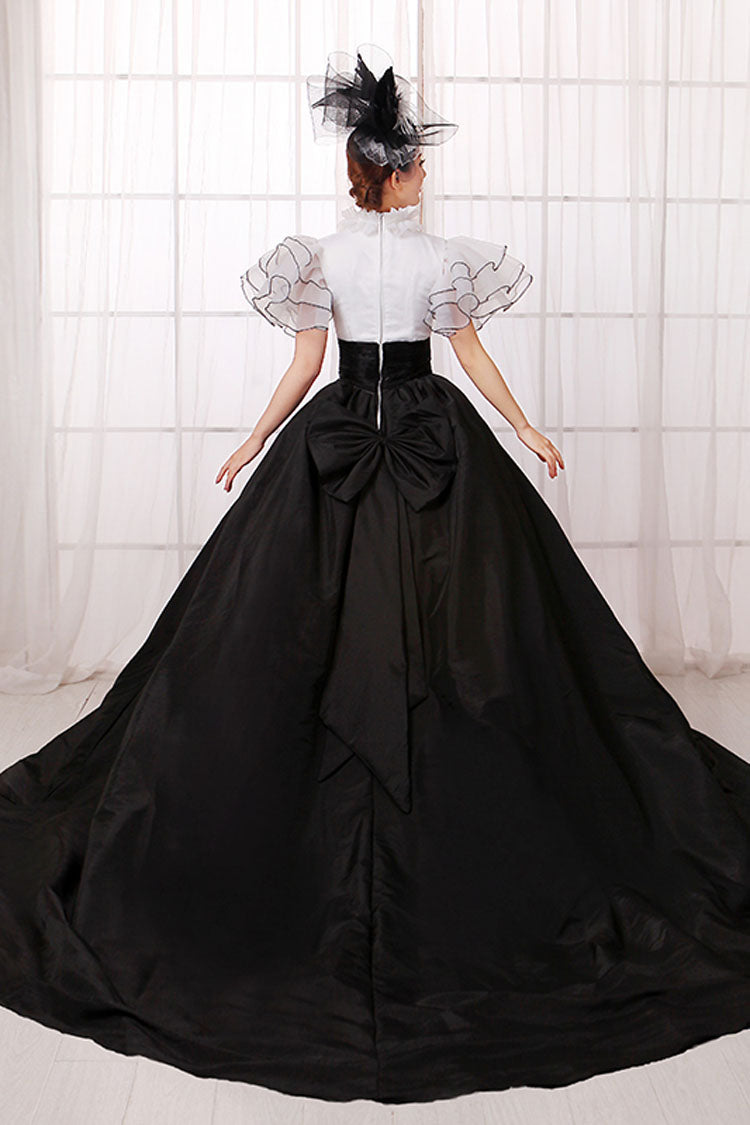 White/Black Stitching Short Sleeves High Waisted Back Zipper Bowknot Victorian Lolita Prom Dress - Product - 3