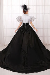 White/Black Stitching Short Sleeves High Waisted Back Zipper Bowknot Victorian Lolita Prom Dress - Product - 3