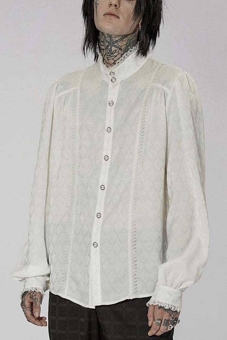 White Punk Turtleneck Dragon Scale Jacquard Long Lantern Sleeves Lace Edge Men's Shirt - White - 1