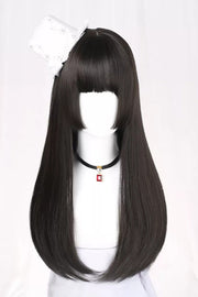 Zwart Hime-geknipt lang steil haar Gothic Lolita Pruik vooraanzicht