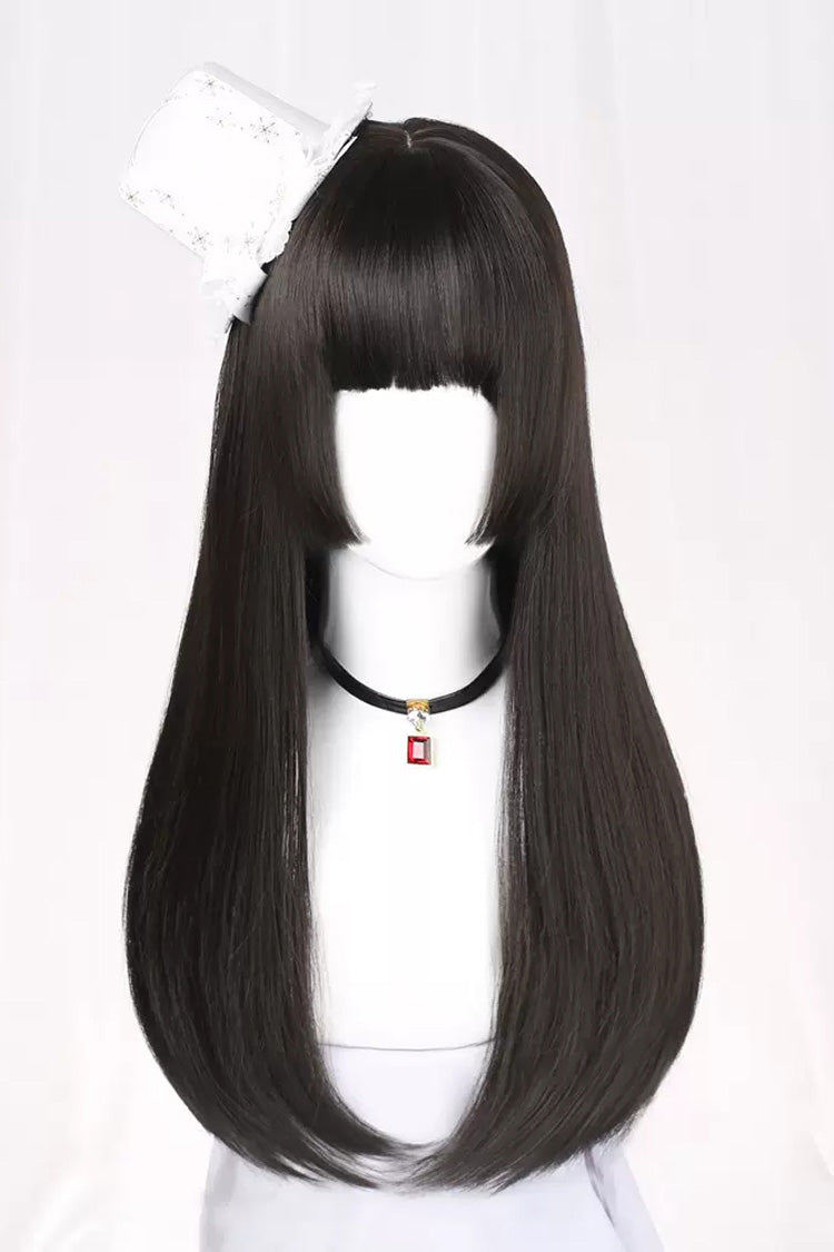 Black Hime Cut Long Straight Hair Gothic Lolita Wig - Black - 1