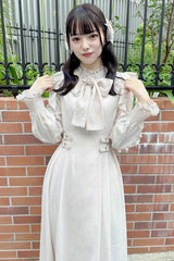 White Stand Collar Off Shoulder Long Sleeves Hollow Bowknot Slim Jirai Kei Japanese Dress - Product - 2
