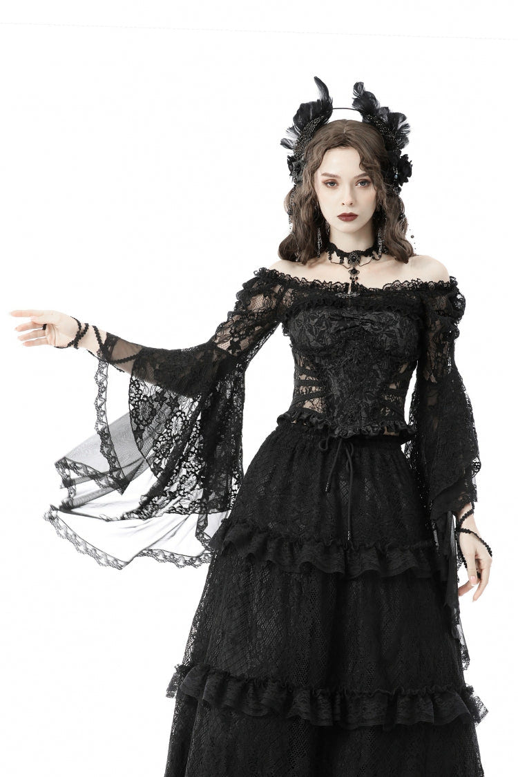 Black Off Shoulder Lace Long Trumpet Sleeves Floral Mesh Women's Gothic Cape - Product - 5