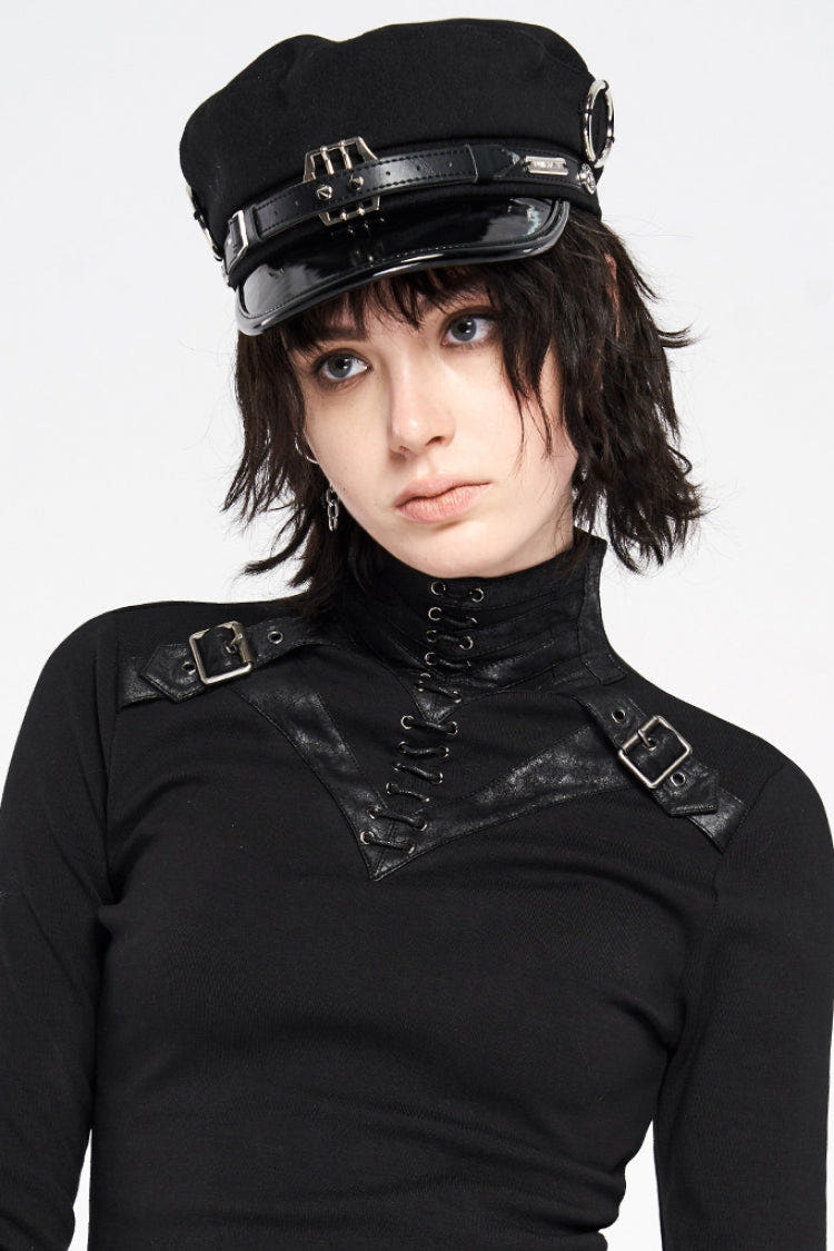 Black Metal Buckle Rivets Women's Gothic Hat - Black - 1