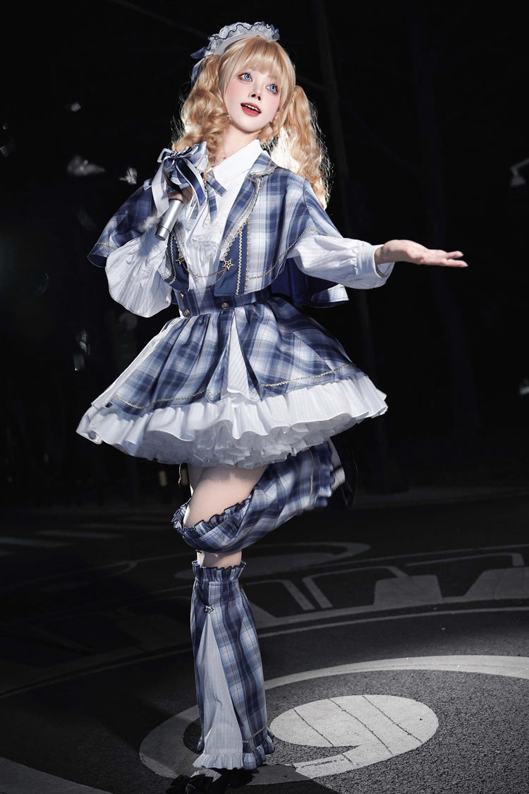 Blue [Little Starlight Idol] Lapel Collar Long Sleeves Double-Layered Printed Ruffled Bow Sweet Japanese Lolita Skirt Set - Product - 10