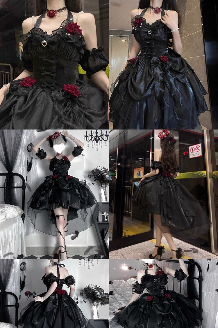 Black [Cindy Rose] Halterneck Sleeveless Ruffle Bowknot Gothic Elegant Lolita Jsk Dress - Product - 5