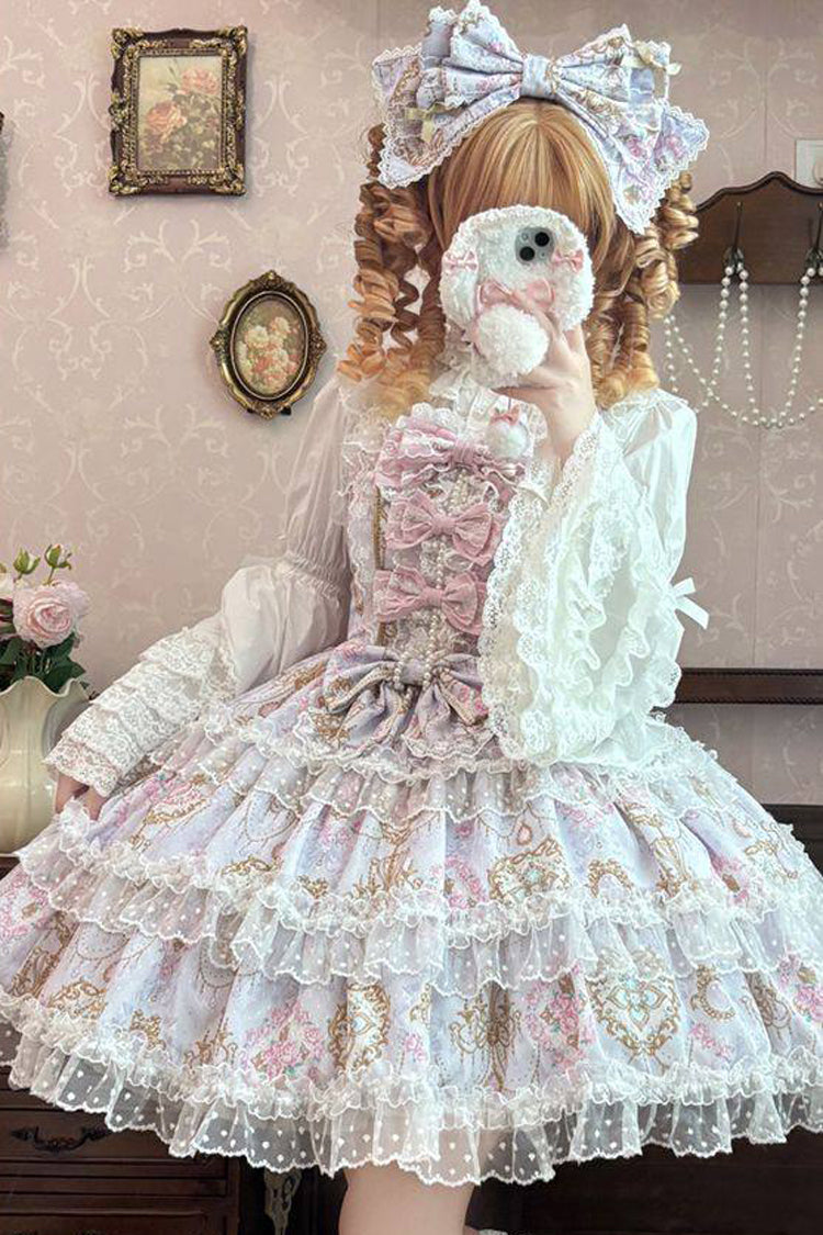 Purple [Candelabrum Elegy] Sleeveless Triple-Layered Flower Wall Printed Ruffled Bow Lace Sweet Lolita Jsk Dress - Purple - 1