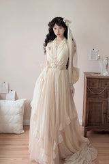 Apricot Halterneck Sleeveless Ruffle Bowknot Lace Sweet Princess Lolita Jsk Long Dress Set - Product - 2