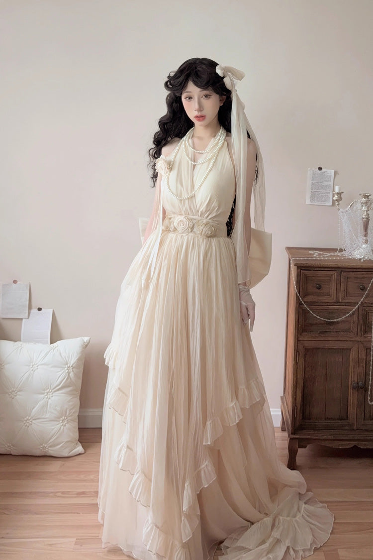 Apricot Halterneck Sleeveless Ruffle Bowknot Lace Sweet Princess Lolita Jsk Long Dress Set - Product - 2