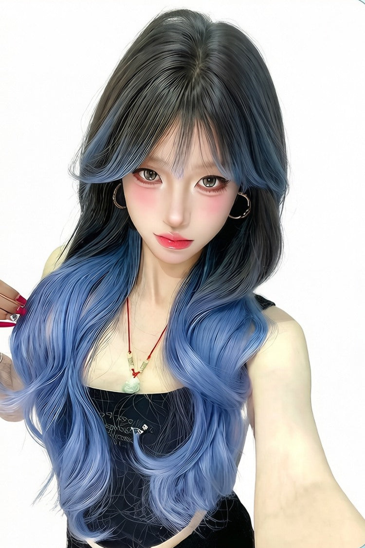 Black/Blue Ombre Curtain Bangs Long Wavy Sweet Lolita Wig - Product - 3