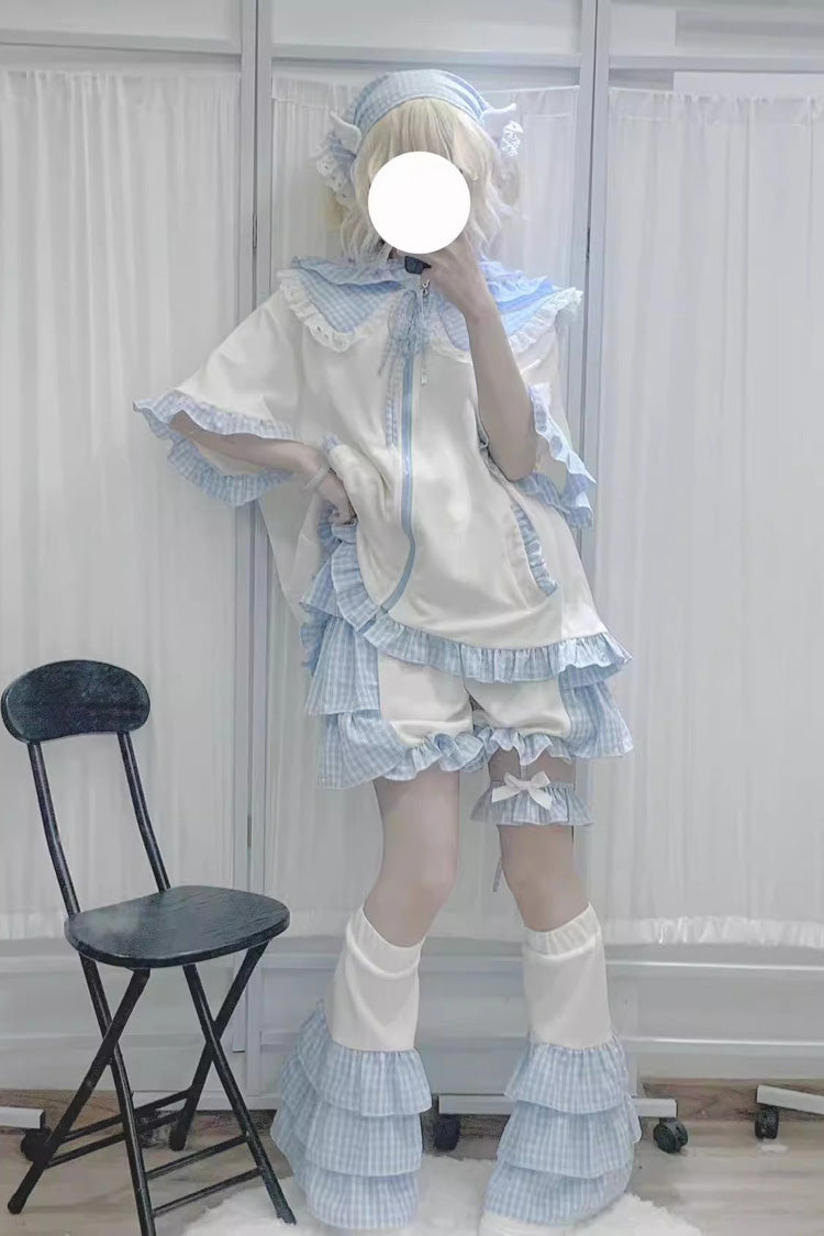 White/Blue Heart Signal Half Sleeves Plaid Print Hooded Sweet Jirai Kei Japanese Coat - Product - 5