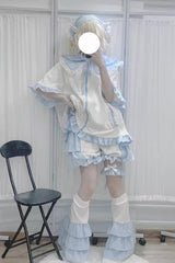 White/Blue Heart Signal Half Sleeves Plaid Print Hooded Sweet Jirai Kei Japanese Coat - Product - 5
