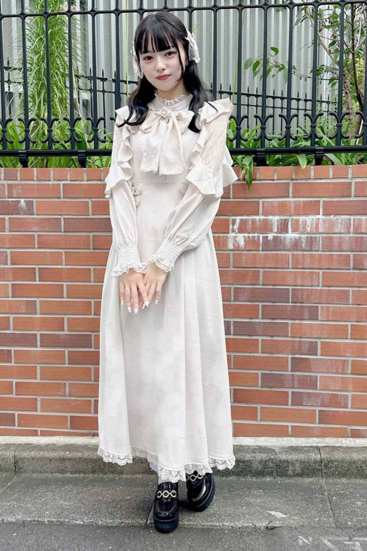 White Stand Collar Off Shoulder Long Sleeves Hollow Bowknot Slim Jirai Kei Japanese Dress - Product - 6